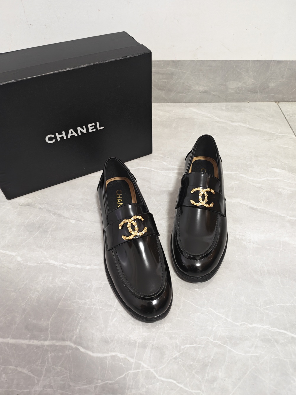 Chanel Black Patent CC Logo Loafers